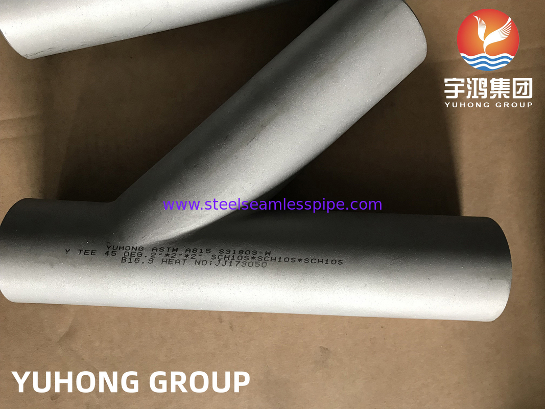 ASTM A815 UNS S31803 듀플렉스 스틸 파이프 커넥터 45도 Y 측면 Tee